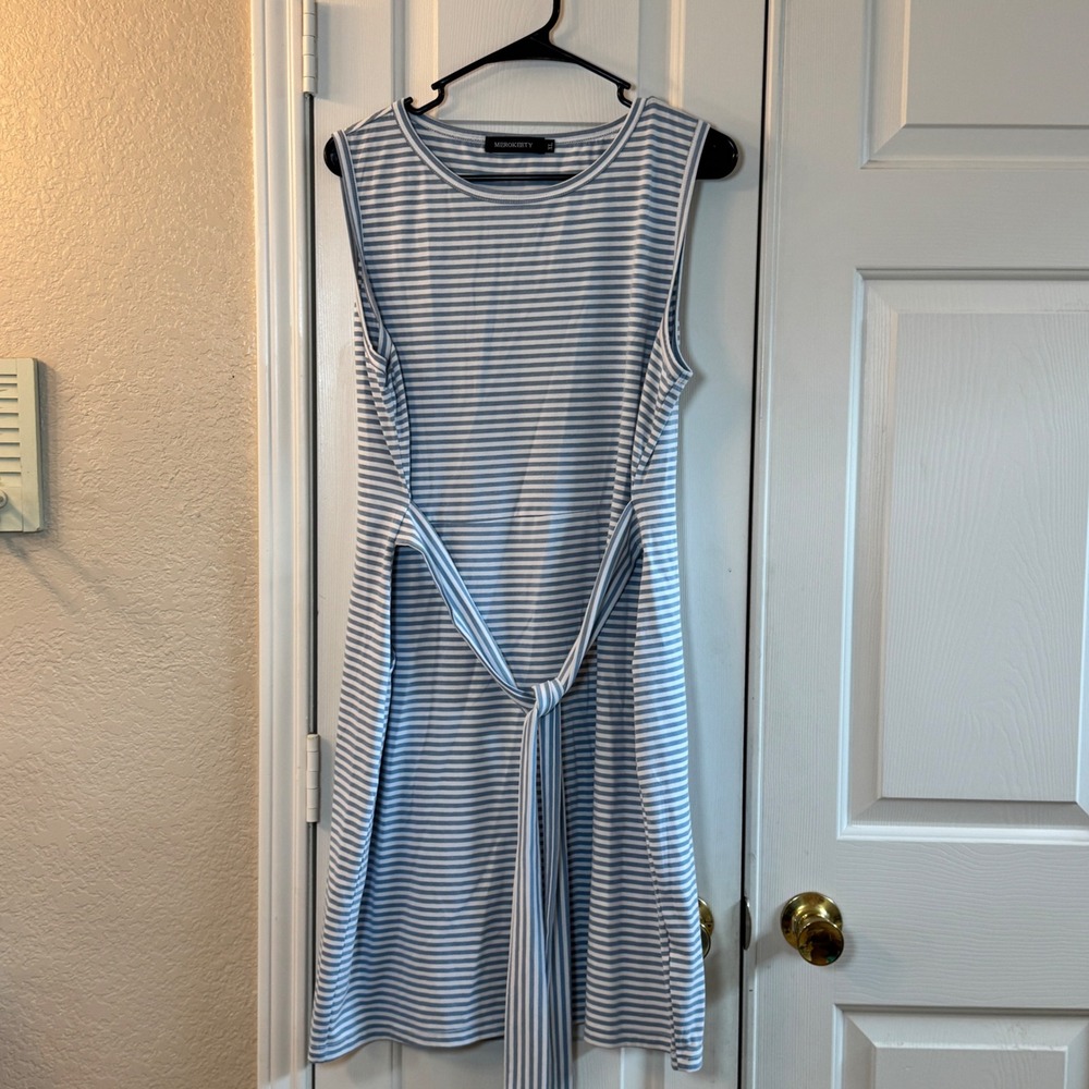 Merokeety Cute Sleeveless Blue Striped Tie Waist TShirt Dress XL Pockets